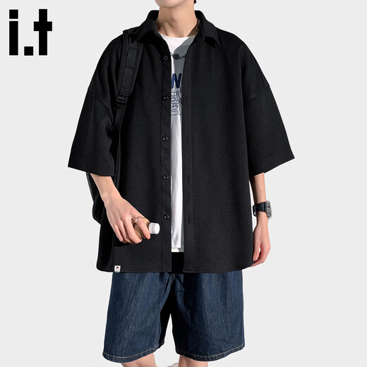 CHOCOOLATE it black waffle short-sleeved shirt men's 2026 summer fashion brand loose casual jacket black XL recommended 130Jin Jin equals 0.5kg -150Jin Jin equals 0.5kg
