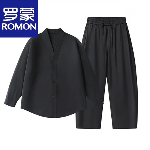 ROMON Summer Solid V-neck Jacket Casual Pants Men's and Women's Two-piece Loose Casual Sports Suit Black Suit Top + Pants M -130Jin Jin equals 0.5kg