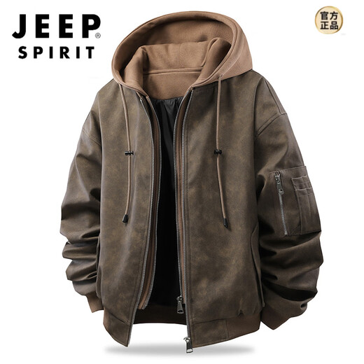 JEEP SPIRIT American retro fake two-piece PU leather men's spring and autumn new loose daily commuter coat bomber jacket top black M