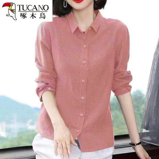 Woodpecker Cotton Shirt Women's Solid Color 2026 New Spring and Autumn Women's Loose Flesh Covering Shirt Shirt Women's Top Long Sleeve Leather Pink The size is too small. It is recommended to take a larger size S. It is recommended that 85-95Jin Jin equals 0.5 kg