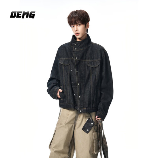 OEMG slant collar classic short wide denim jacket men's spring and autumn cleanfit high-end fashion brand top jacket denim color high quality XL recommended 120-140Jin Jin equals 0.5 kg