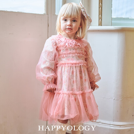 Happyology British children's spring skirt girls gauze skirt children's clothing contrast color mesh long-sleeved dress