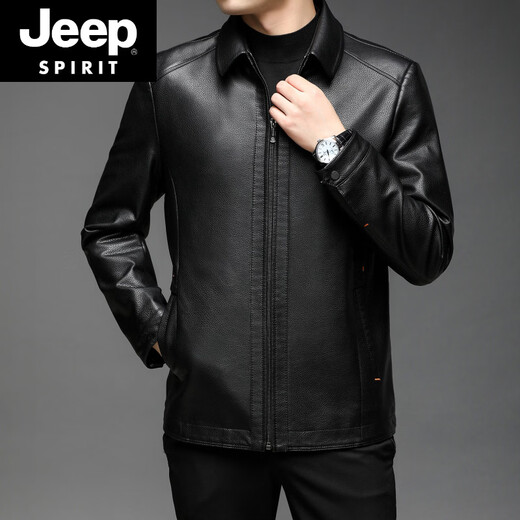 JEEP SPIRIT men's leather jacket men's 2026 autumn new style middle-aged fashion business lapel plus velvet casual men's leather jacket 2101 plus velvet-black L 175