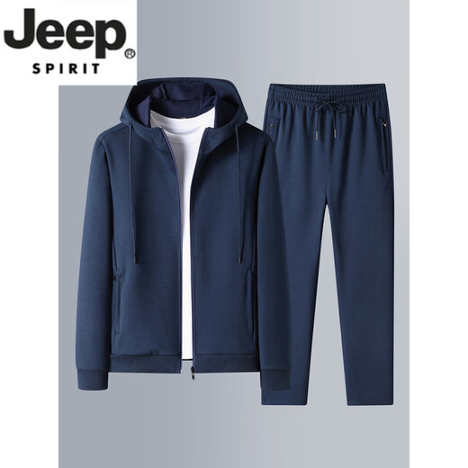 JEEP SPIRIT casual sports suit men's spring and autumn cotton middle-aged and elderly running sportswear hooded sweatshirt cardigan jacket two-piece set hooded dark blue leggings M
