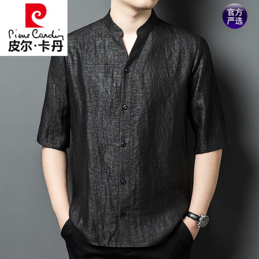 Pierre Cardin high-end Xiangyun yarn 100% mulberry silk summer new men's stand-up collar short-sleeved cracked silk Tang suit shirt black L recommended 130-150Jin Jin equals 0.5 kg