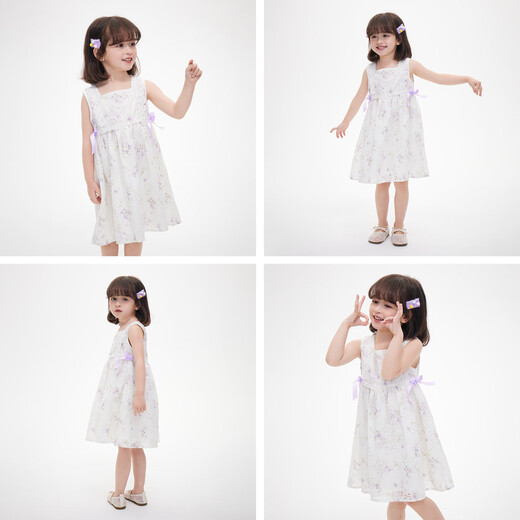 Royal Childhood Girls Printed Suspender Dress 26 Summer Children's Clothes Sweet Bow Sleeveless Skirt for Middle and Older Children Purple 130
