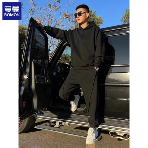 ROMON spring and autumn new versatile casual suit men's fashionable age-reducing casual hooded sweatshirt trendy brand leggings sweatpants for men black suit plus velvet M 90-125Jin Jin equals 0.5 kg