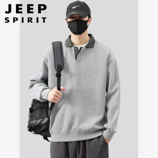 JEEP SPIRIT spring fat guy extra large size polo shirt collar design sweatshirt men's trendy V-neck high-end fattened casual men's shirt apricot 6XL recommended 225-255Jin Jin equals about 0.5 kg