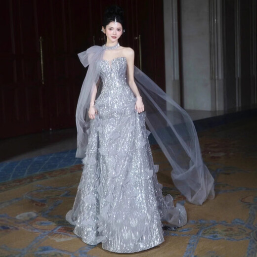 Mofu Banquet Evening Dress 2026 Light Luxury Heavy Industry Silver Sequin Host Performance Costume Birthday Adult Ceremony Dress Long XS