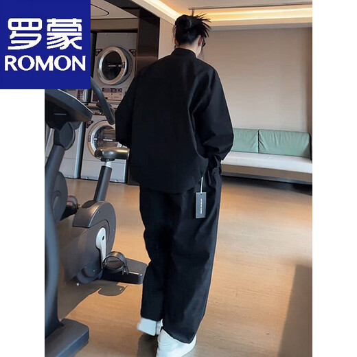 ROMON Summer Solid V-neck Jacket Casual Pants Men's and Women's Two-piece Loose Casual Sports Suit Black Suit Top + Pants M -130Jin Jin equals 0.5kg