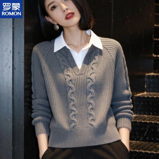 ROMON lapel bottoming shirt top spliced shirt collar sweater fake two-piece sweater for women 2026 new style loose and stylish gray M recommended 95-105Jin Jin equals 0.5 kg