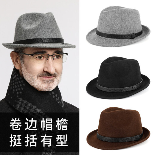 Top hat for men, middle-aged and elderly, high-end top hat for men, autumn and winter, middle-aged and elderly dad's hat, warm wool jazz hat, old brown two-piece set (hat + scarf), one size fits all (56-58cm)