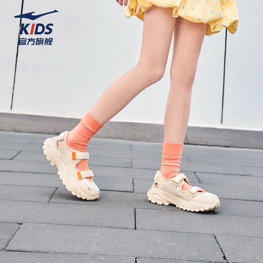 Hongxing Erke children's sandals, girls' shoes, summer 26 new breathable toe-cap sandals, soft soles, medium and large children's frame shoes | Manwu unbleached original color/custard gray 001 33