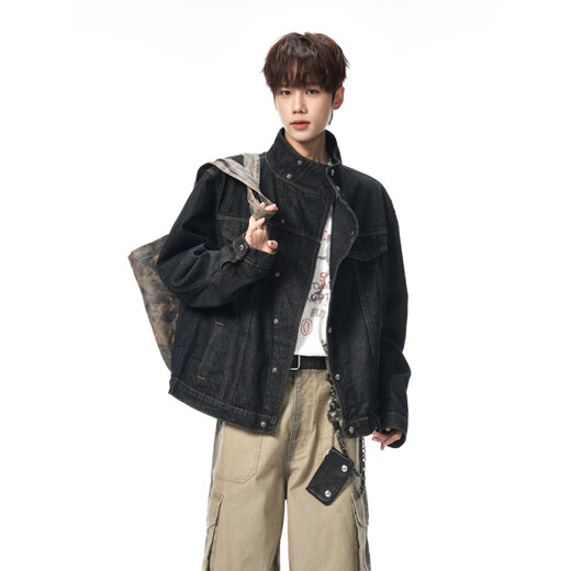 OEMG slant collar classic short wide denim jacket men's spring and autumn cleanfit high-end fashion brand top jacket denim color high quality XL recommended 120-140Jin Jin equals 0.5 kg