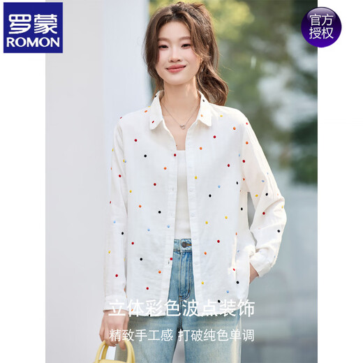 ROMON high-end colorful polka-dot shirt for women 2026 spring long-sleeved lapel shirt top white M 90-130Jin Jin equals 0.5 kg