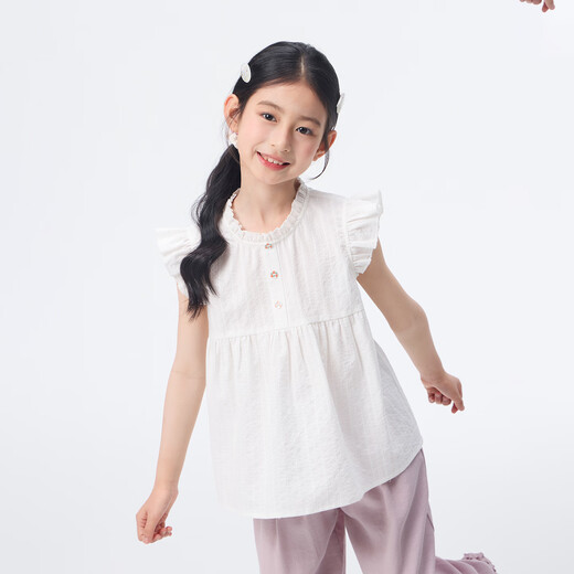 Xiaoyinman children's clothing girls round neck button-down shirt 26 summer children's texture casual breathable top for middle and large children off-white 140