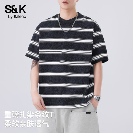 Baleno S&K striped short-sleeved T-shirt for men 2026 summer new American casual loose trendy brand men's top black L recommended 110-130Jin Jin equals 0.5 kg