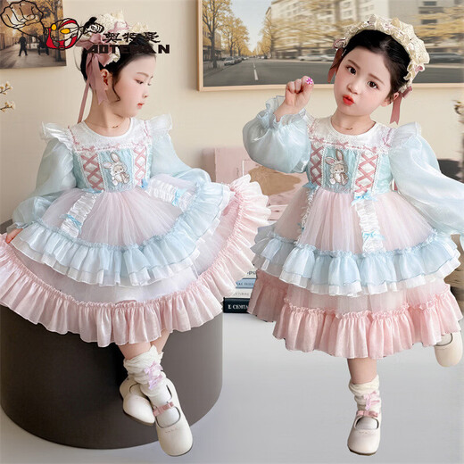 Ultraman Girls Lolita Princess Dress Little Girl Spring Clothes New Children's Long-Sleeved Puff Skirt Baby Girl Spring and Autumn Dress Powder Blue 100 cm
