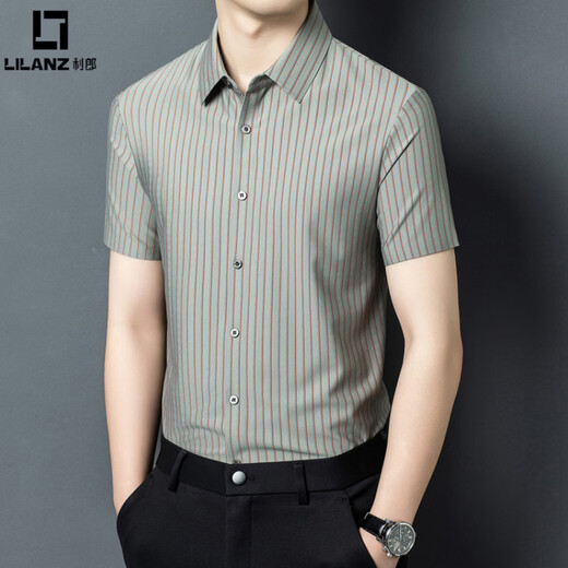 LILANZ vertical striped short-sleeved shirt men's summer thin fashion trend handsome shirt loose fashion casual top Shangqing XL 115
