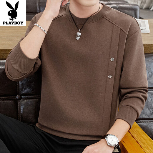 PLAYBOY Men's New 2026 Spring and Autumn Sweater Round Neck Thickened Casual Trendy Warm Bottoming Shirt Long Sleeve T-Shirt Top Black 2XL