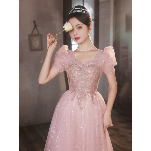 Mofu Pink Evening Dress for Women 2026 Banquet Temperament Light Luxury Niche Style French Fairy Spirit Adult Ceremony Examination Dress Pink Non-Beaded Mid-Length Style XS