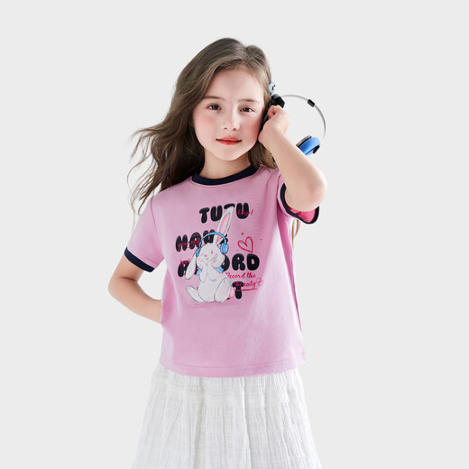 Tutu Little Elephant Girls Short Sleeve T-shirt 2026 Summer New Style for Children, Girls and Big Children, Cool and Versatile Contrast Printed Casual Tops, Pink Purple 160, Height About 160cm