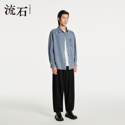 RIVERSTONE Men's Wide Patch Pocket Distressed Denim Shirt 2026 Spring New Men's Simple Lapel Jacket Fashion Denim Blue S/165