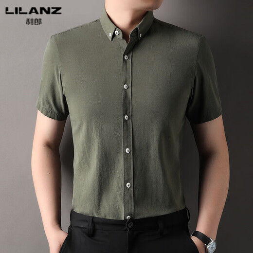 LILANZ summer new men's short-sleeved shirt plaid lapel casual middle-aged dad wear Lyocell cotton half-sleeved shirt gray M 48