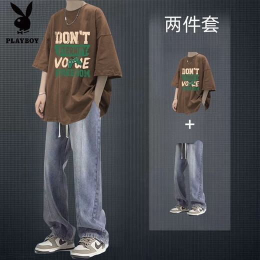 Playboy (PLAYBOY) summer pure cotton short-sleeved T-shirt suit for men with American high street denim trousers men's two-piece set two-piece set DON short-sleeved coffee + jeans black M high-quality original