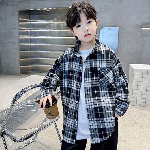 Children's clothing boys' shirts spring and autumn 2026 new spring clothing big children plaid boys spring coat shirt trend black 160