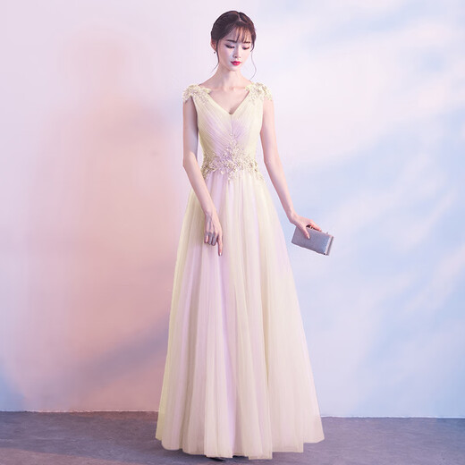 Mofu Bridesmaid Dress 2026 Light Luxury Niche Western Style Host Evening Dress Skirt Women Can Wear Atmospheric Champagne Color Long XS