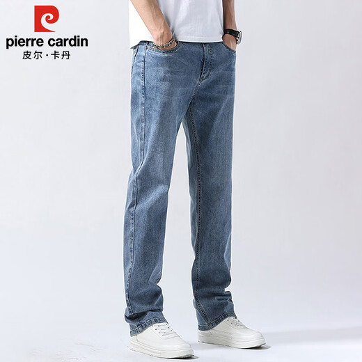 Pierre Cardin jeans men's spring and summer loose distressed straight pants men's cotton stretch casual long pants men's white blue 32