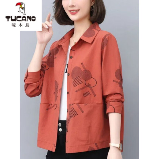 Woodpecker (TUCANO) Mom Age Reduction Fashion Printed Shirt Women's Long Sleeve 2026 Spring and Autumn New Loose Casual Western Style Shirt Jacket Brick Red L 95-115Jin Jin is equal to 0.5 kg