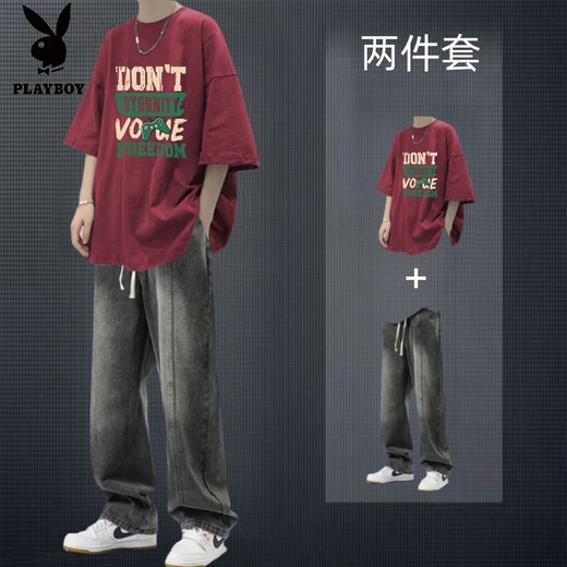 Playboy (PLAYBOY) summer pure cotton short-sleeved T-shirt suit for men with American high street denim trousers men's two-piece set two-piece set DON short-sleeved coffee + jeans black M high-quality original
