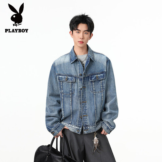 Playboy (PLAYBOY) Heavy Washed Double Cut Line Denim Jacket Men's Short Three-dimensional Profile Shoulder Pad Workwear Lapel Jacket Top Blue S