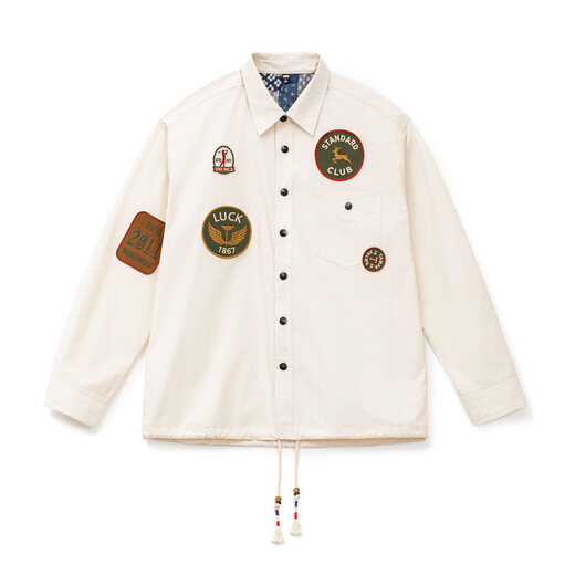 Madden Workwear American Chapter Embroidered Long Sleeve Shirt Jacket Thin White Pocket Splicing Shirt Jacket Men's Spring Beige Loose Too Large 2XL