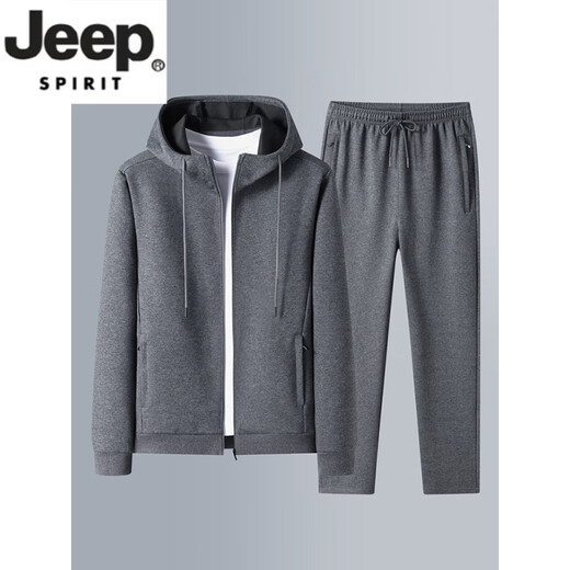 JEEP SPIRIT casual sports suit men's spring and autumn cotton middle-aged and elderly running sportswear hooded sweatshirt cardigan jacket two-piece set hooded dark blue leggings M