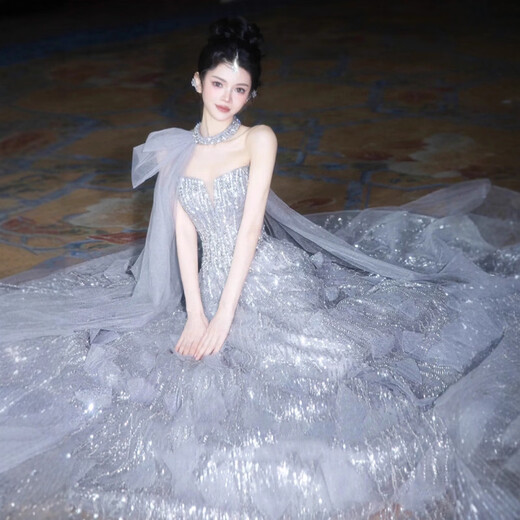 Mofu Banquet Evening Dress 2026 Light Luxury Heavy Industry Silver Sequin Host Performance Costume Birthday Adult Ceremony Dress Long XS