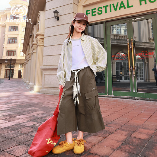 BANDOCIN Half-time casual girls summer shirt thin breathable 2026 medium and large children western style jacket beige strip 140
