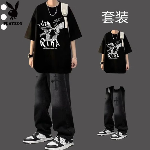 Playboy (PLAYBOY) short-sleeved T-shirt summer suit trendy casual youth men's clothing complete set with jeans trendy two-piece suit Cross short-sleeved black + cross black jeans M number recommended 95-109 Jin Jin equals 0.5 kg