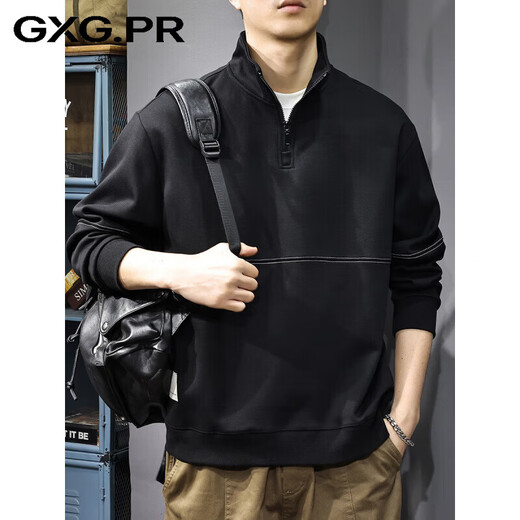 GXG.PR2026 Autumn American half-zip stand-up collar sweatshirt men's design stitching retro heavyweight loose long-sleeved POLO shirt black M suitable weight 100-120Jin Jin equals 0.5 kg