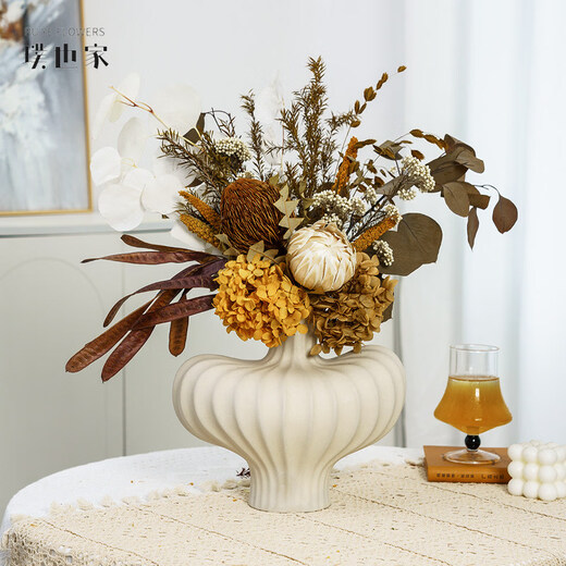 Ramo de flores secas inmortalizadas de alta gama, flores y hojas reales, decoración suave para el hogar, decoración floral, exhibición de tienda, ramo de la tarde C + jarrón naranja Morandi