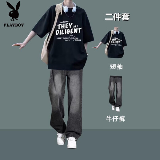 Playboy (PLAYBOY) summer boys' Hong Kong style loose short-sleeved T-shirts for teenagers with trendy jeans men's handsome casual suits 2 pieces T145 pure cotton T-shirt black + 7013 denim M
