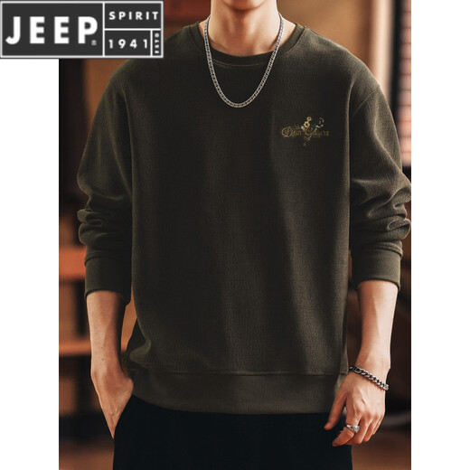 JEEP SPIRIT American retro heavyweight embroidered men's sweatshirt 2026 spring and autumn new loose warm base T-shirt top Khaki green M suitable for 110-130Jin Jin equals 0.5 kg