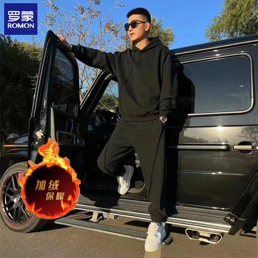 ROMON spring and autumn new versatile casual suit men's fashionable age-reducing casual hooded sweatshirt trendy brand leggings sweatpants for men black suit plus velvet M 90-125Jin Jin equals 0.5 kg