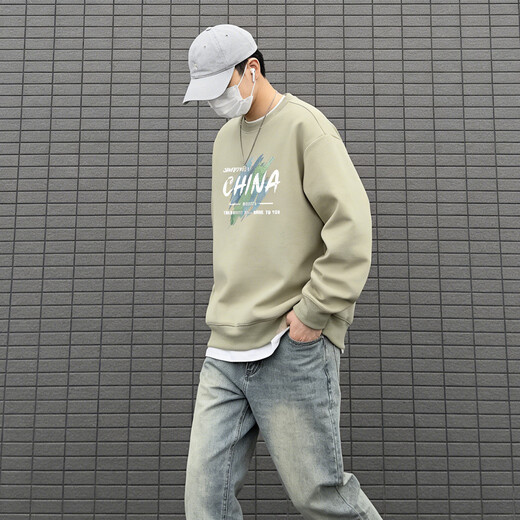 JEEP SPIRIT American Heavyweight Round Neck Sweatshirt Men's 2026 Spring Loose Velvet Thickened Bottoming Shirt Men's Green 2XL Recommended 175-195 Jin Jin equals 0.5 kg