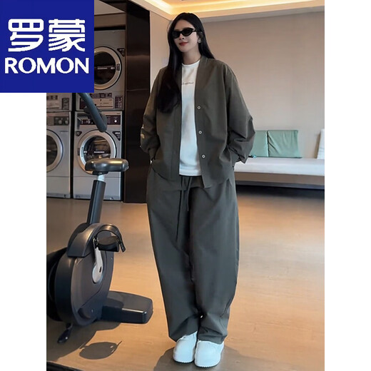 ROMON Summer Solid V-neck Jacket Casual Pants Men's and Women's Two-piece Loose Casual Sports Suit Black Suit Top + Pants M -130Jin Jin equals 0.5kg