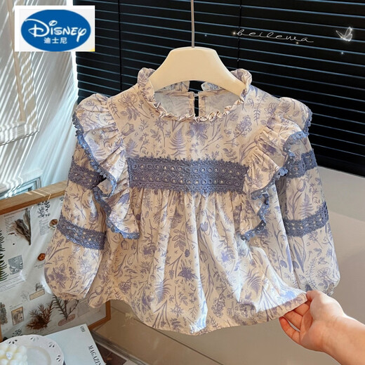 Disney (Disney) new girls spring and autumn clothing pure cotton Korean long-sleeved shirt baby girl casual shirt tops children's fashionable children's clothing lace floral shirt 100 recommended height within 100
