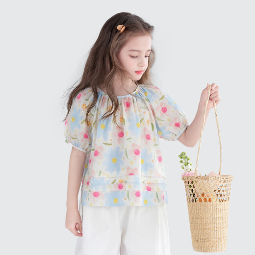 Tutu Little Elephant Girls 100% Cotton Short Sleeve Shirt New Children's Sweet and Fresh Floral Doll Shirt T-shirt Pink Blue 130