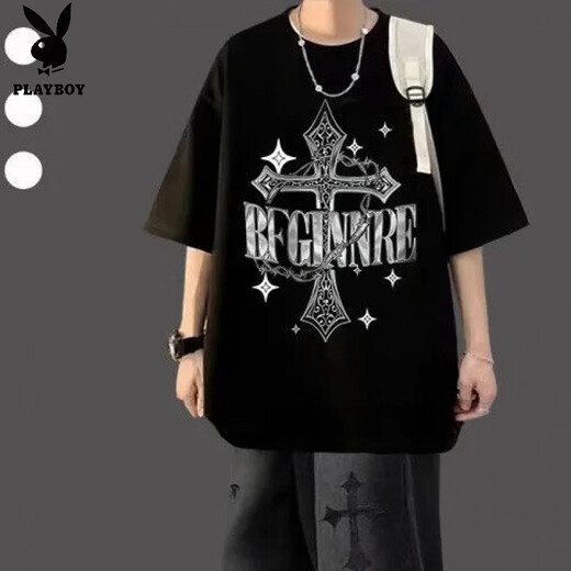 Playboy (PLAYBOY) short-sleeved T-shirt summer suit trendy casual youth men's clothing complete set with jeans trendy two-piece suit Cross short-sleeved black + cross black jeans M number recommended 95-109 Jin Jin equals 0.5 kg